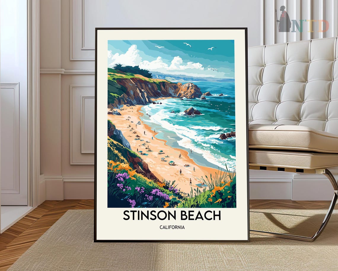 Stinson Beach California Vintage Coastal Illustration Poster