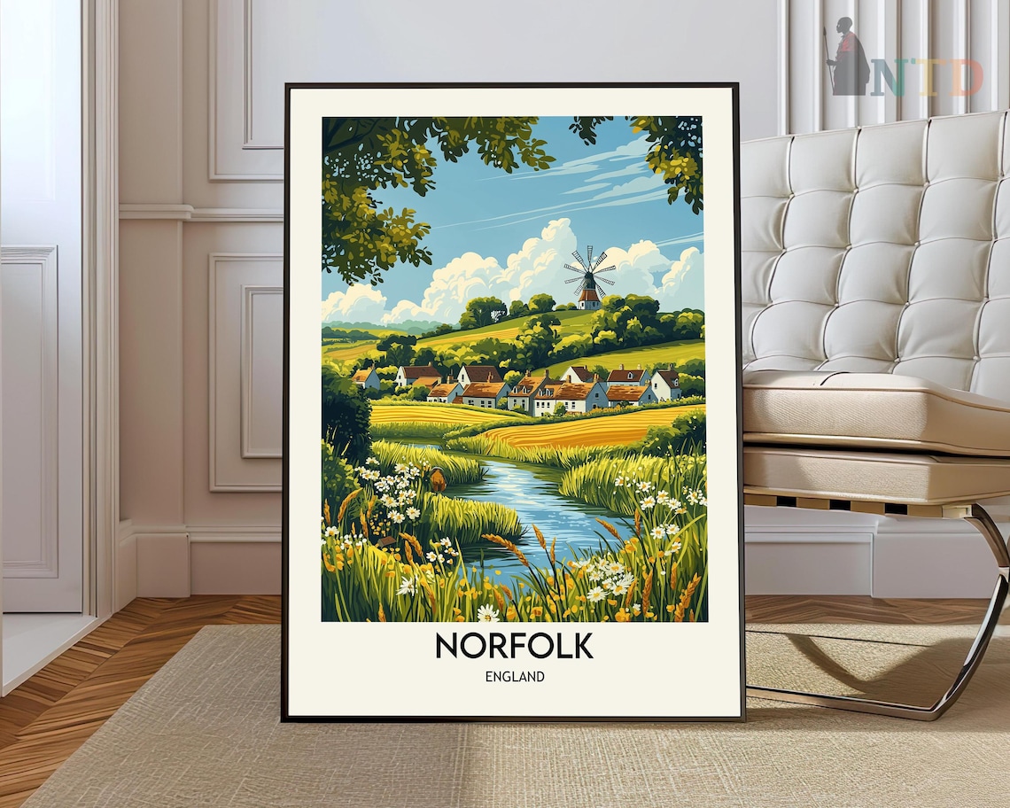 Norfolk England Village Windmill River Countryside Travel Poster