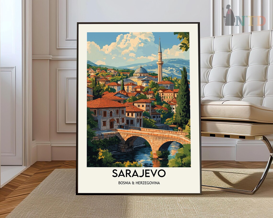 Sarajevo Bosnia Old Stone Bridge Ottoman Town Vintage Travel Poster