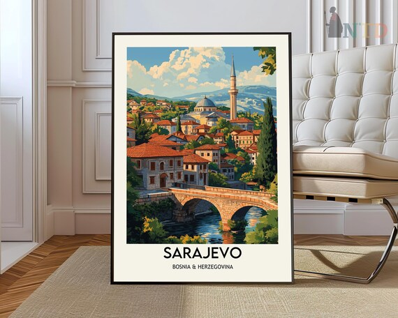 Sarajevo Bosnia Old Stone Bridge Ottoman Town Vintage Travel Poster