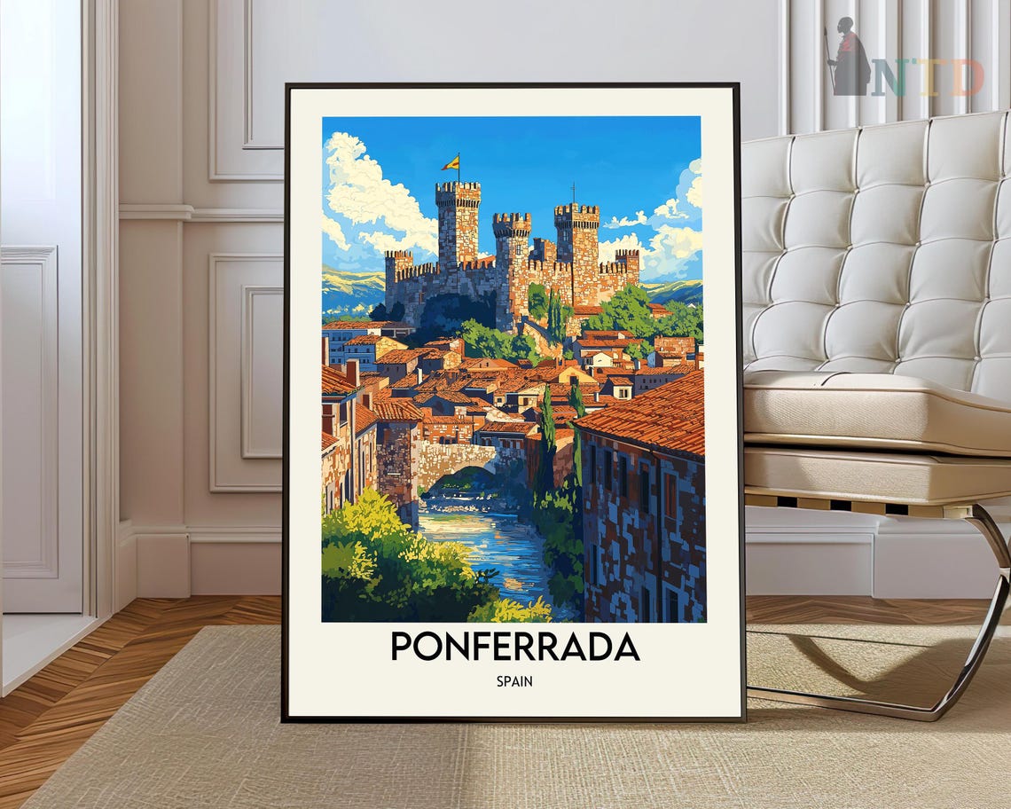 Ponferrada Spain Templar Castle Old Town Vintage Travel Poster