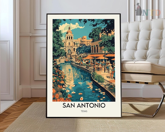 San Antonio Texas River Walk Cafes Evening Retro Travel Poster