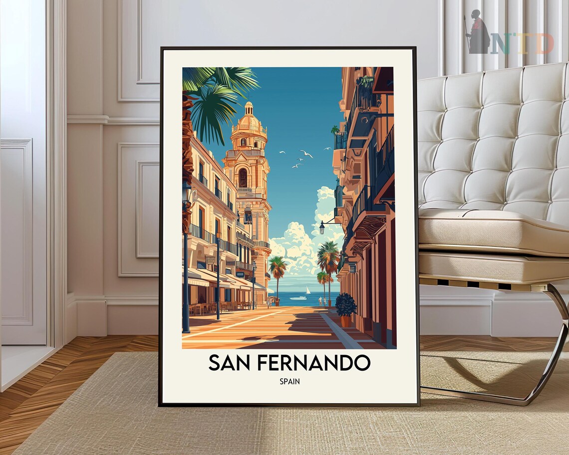 San Fernando Sunny Promenade Church Tower Spain Travel Poster