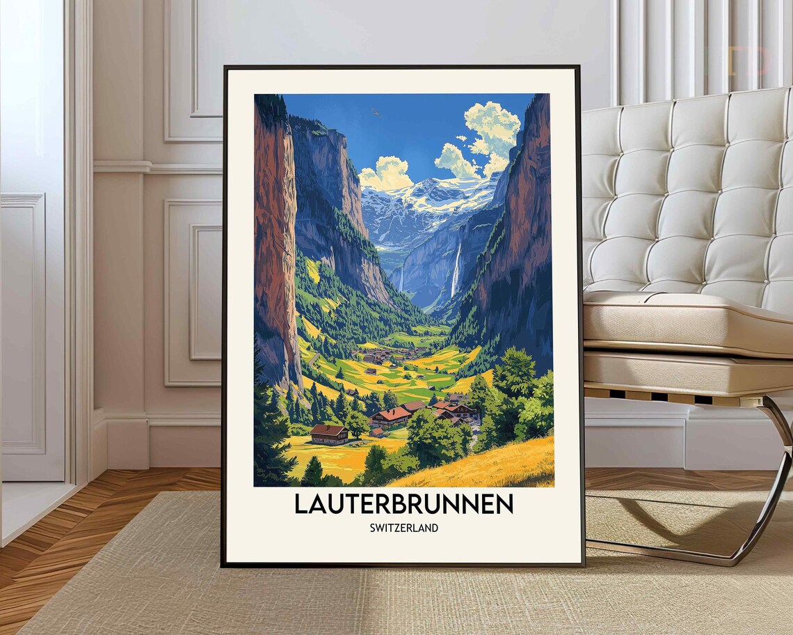 Lauterbrunnen Switzerland Alpine Valley Waterfalls Vintage Travel Poster