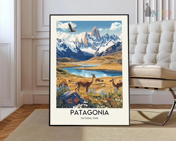 Patagonia National Park Fitz Roy Peaks Lake Guanacos Travel Poster