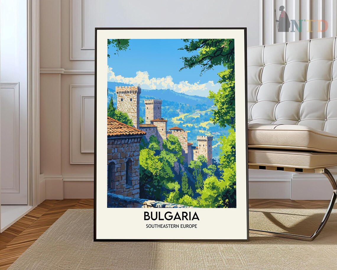 Bulgaria Medieval Stone Towers Green Valley Vintage Travel Poster