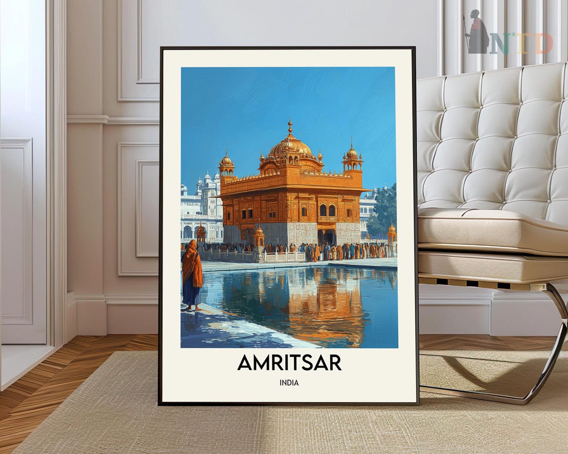 Amritsar India Golden Temple Reflection Vintage Travel Poster