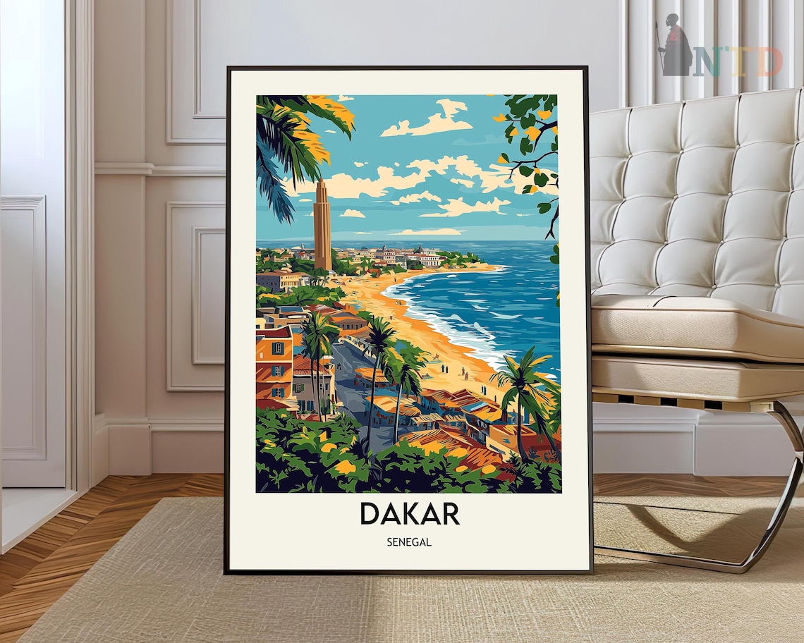 Dakar Senegal Coastal City Beach Palm Africa Retro Travel Poster