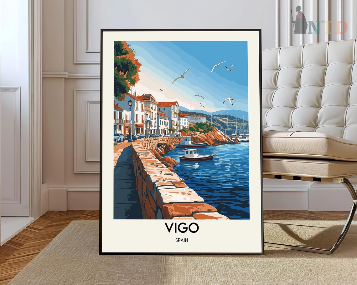 Vigo Spain Sunny Fishing Harbor Coast Vintage Style Travel Poster