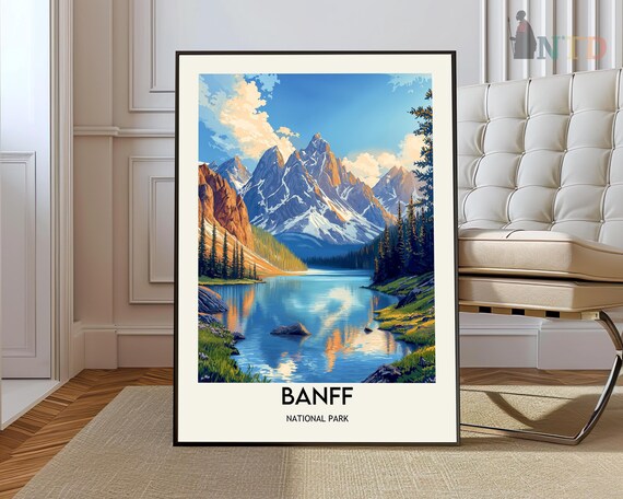 Banff National Park Poster with Alpine Lake and Snow Mountain Reflection