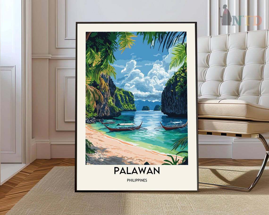 Palawan Philippines Tropical Beach Lagoon Boats Travel Poster
