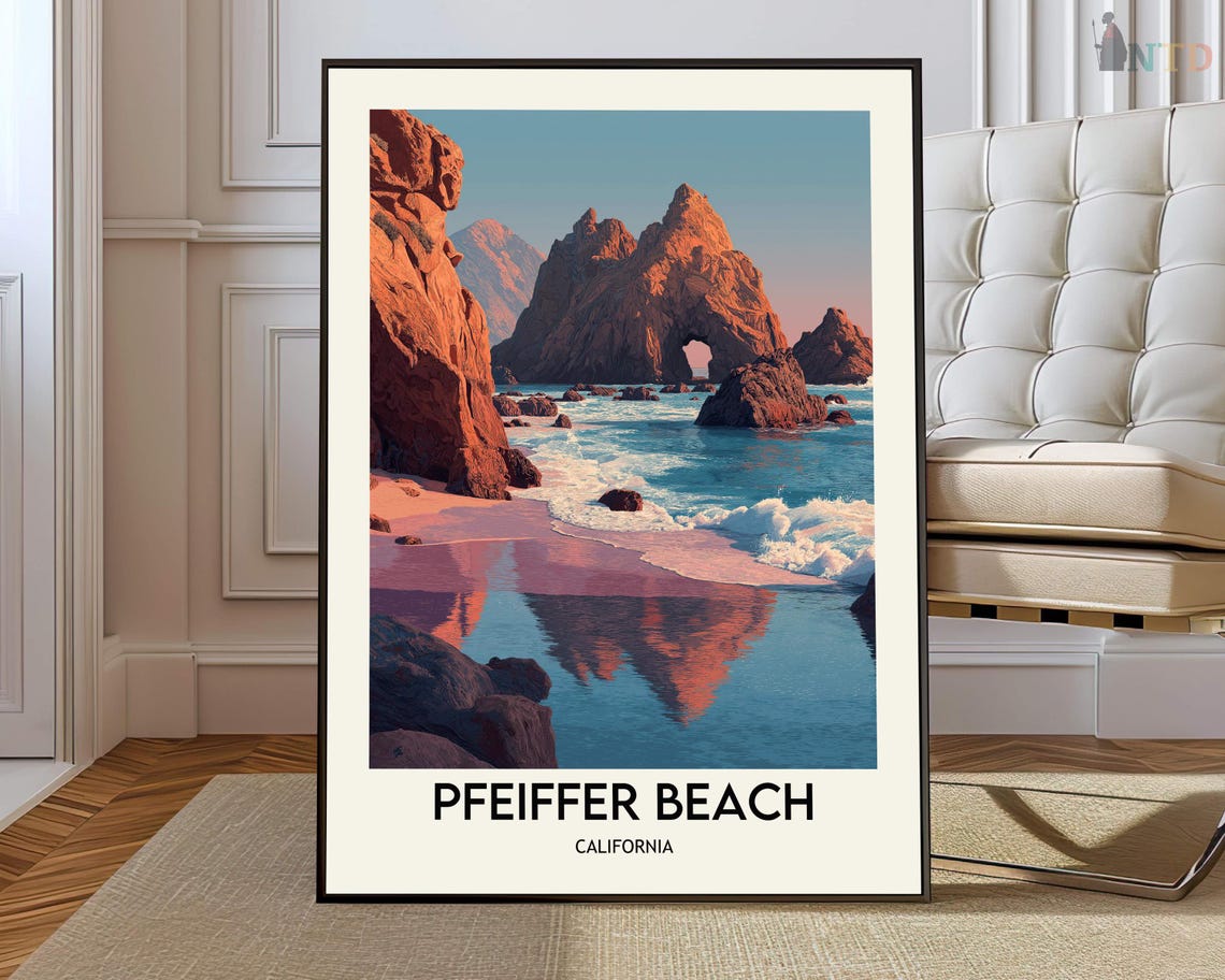 Pfeiffer Beach California Rocky Coast Glowing Sunset Travel Poster