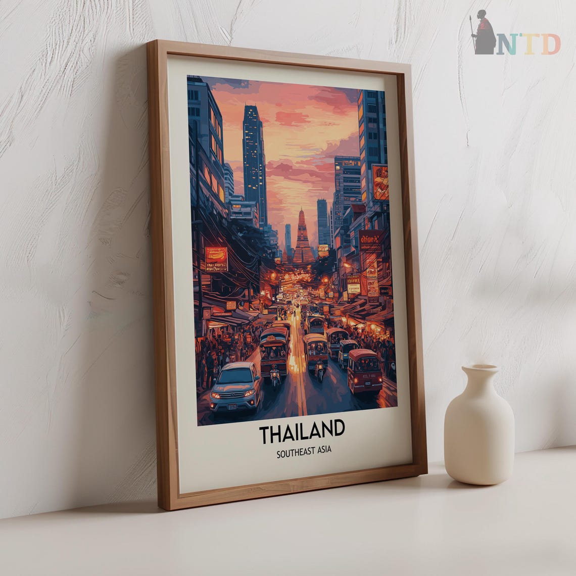 Thailand Street Scene at Sunset with Temple Spire Travel Poster - Image 2