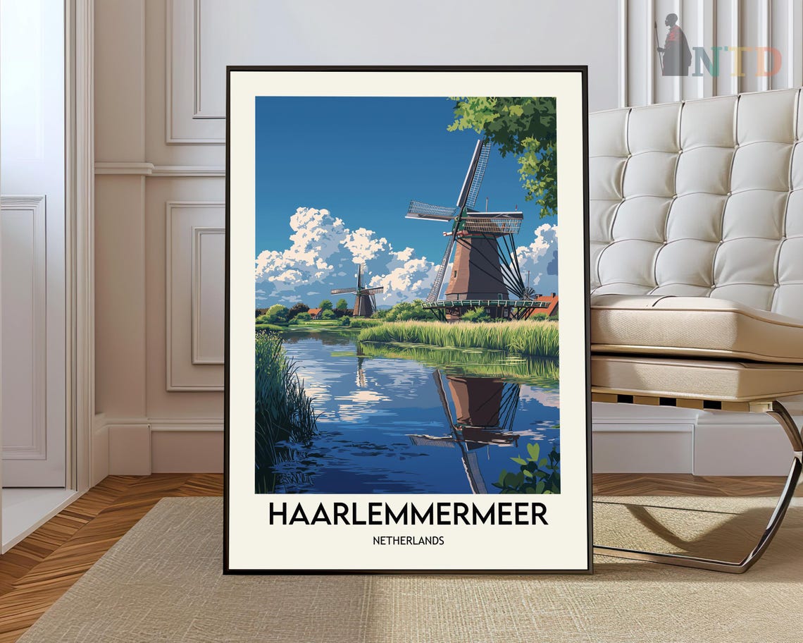 Haarlemmermeer Netherlands Windmill Travel Poster Dutch Landscape Art