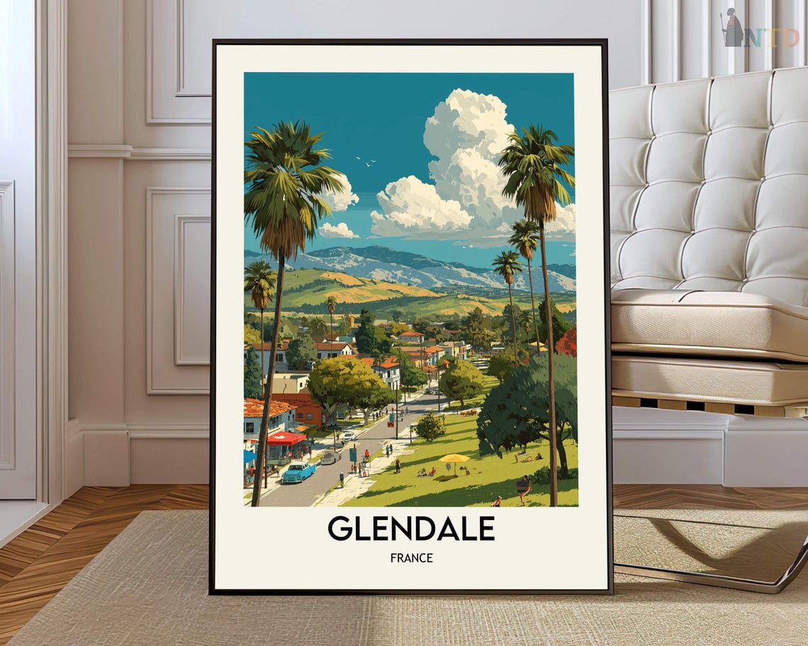 Glendale France Sunny Park Travel Poster Palms Hillside Cityscape