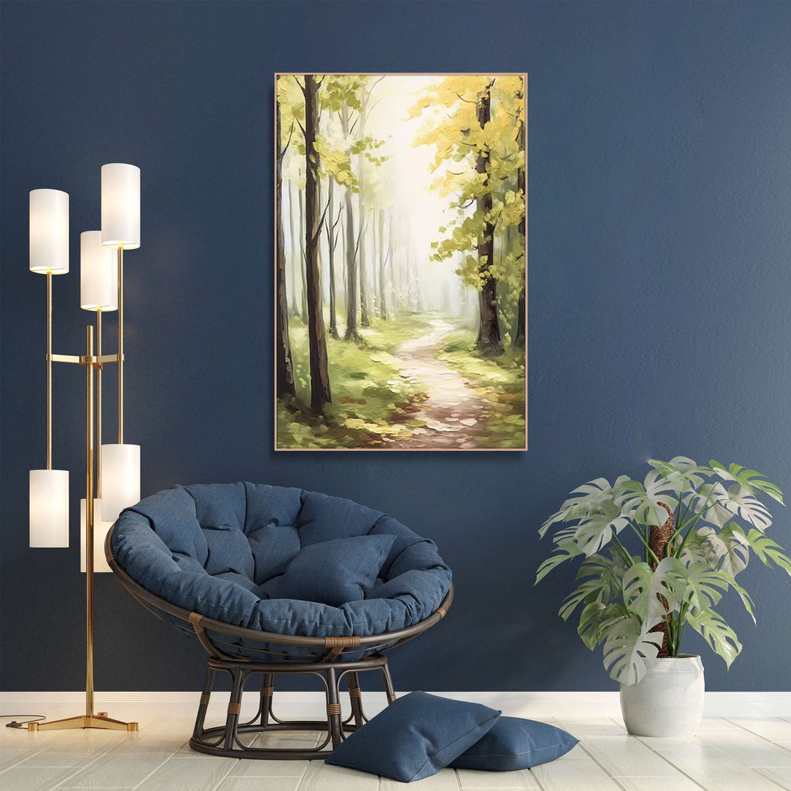 Sunlit Forest Path Between Tall Green Trees Morning Light Poster - Image 3