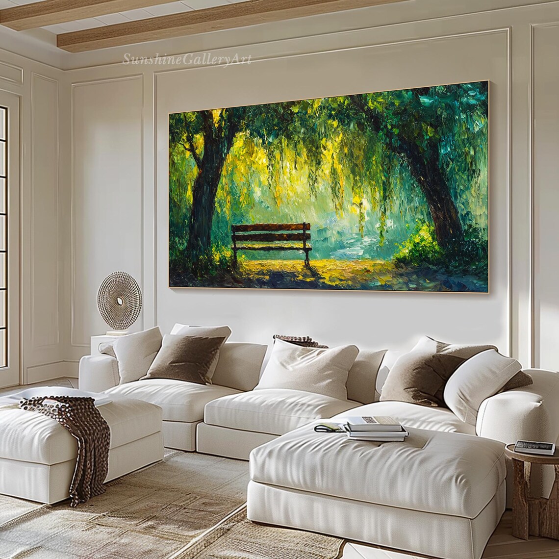 Sunlit Park Bench Beneath Green Willow Trees Oil Painting Poster - Image 2
