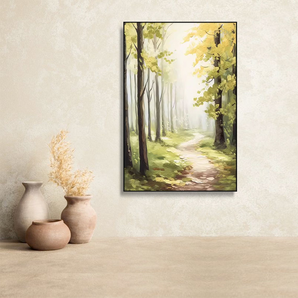 Sunlit Forest Path Between Tall Green Trees Morning Light Poster - Image 2