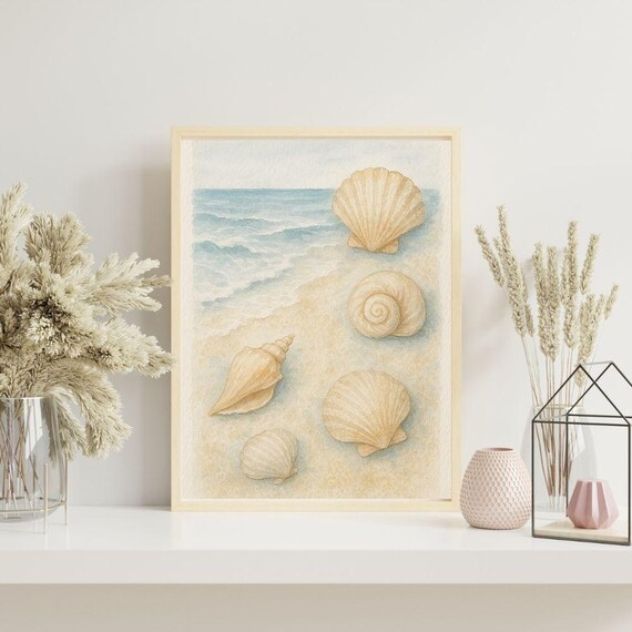 Watercolor Seashells Beach Shoreline Gentle Ocean Scene Poster