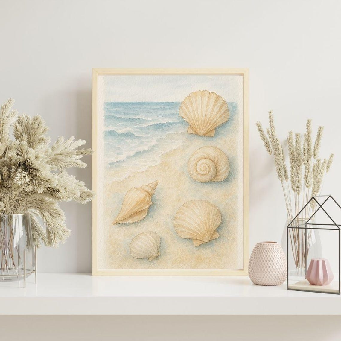 Watercolor Seashells Beach Shoreline Gentle Ocean Scene Poster