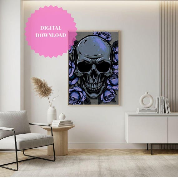 Purple Roses And Skull Poster Gothic Wall Art Dark Decor Rock Music Room