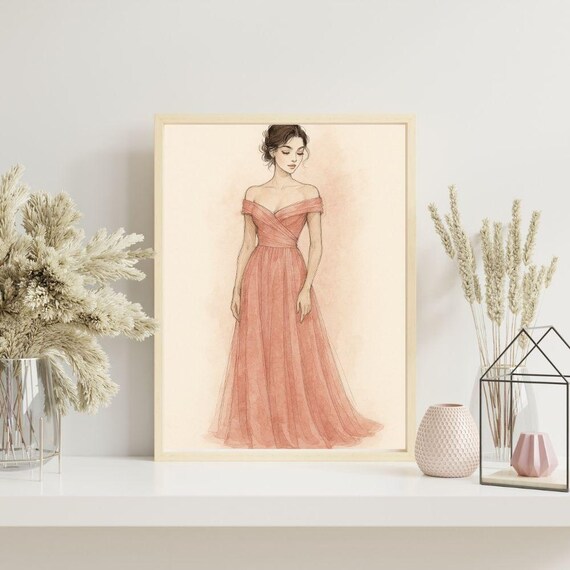 Fashion Illustration Woman Coral Gown Poster Elegant Sketch Wall Decor