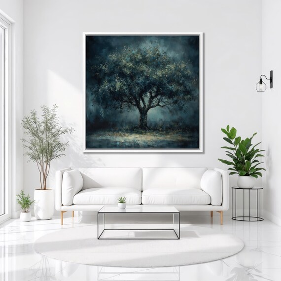 Solitary Green Tree Framed Print Moonlit Forest Luxury Art Mystical Nature Painting Print Enchanted Square Decor Ready To Hang