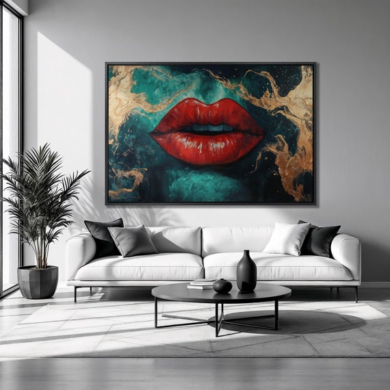 Bold Red Lips Framed Print Abstract Facial Features Luxury Art Green Gold Marble Painting Print Feminine Decor Ready To Hang