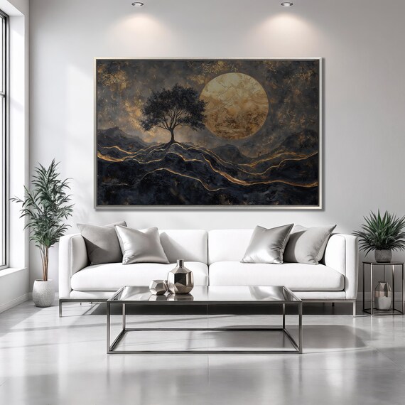 Lonely Tree Golden Full Moon Night Mountains Dark Scenic Wall Poster