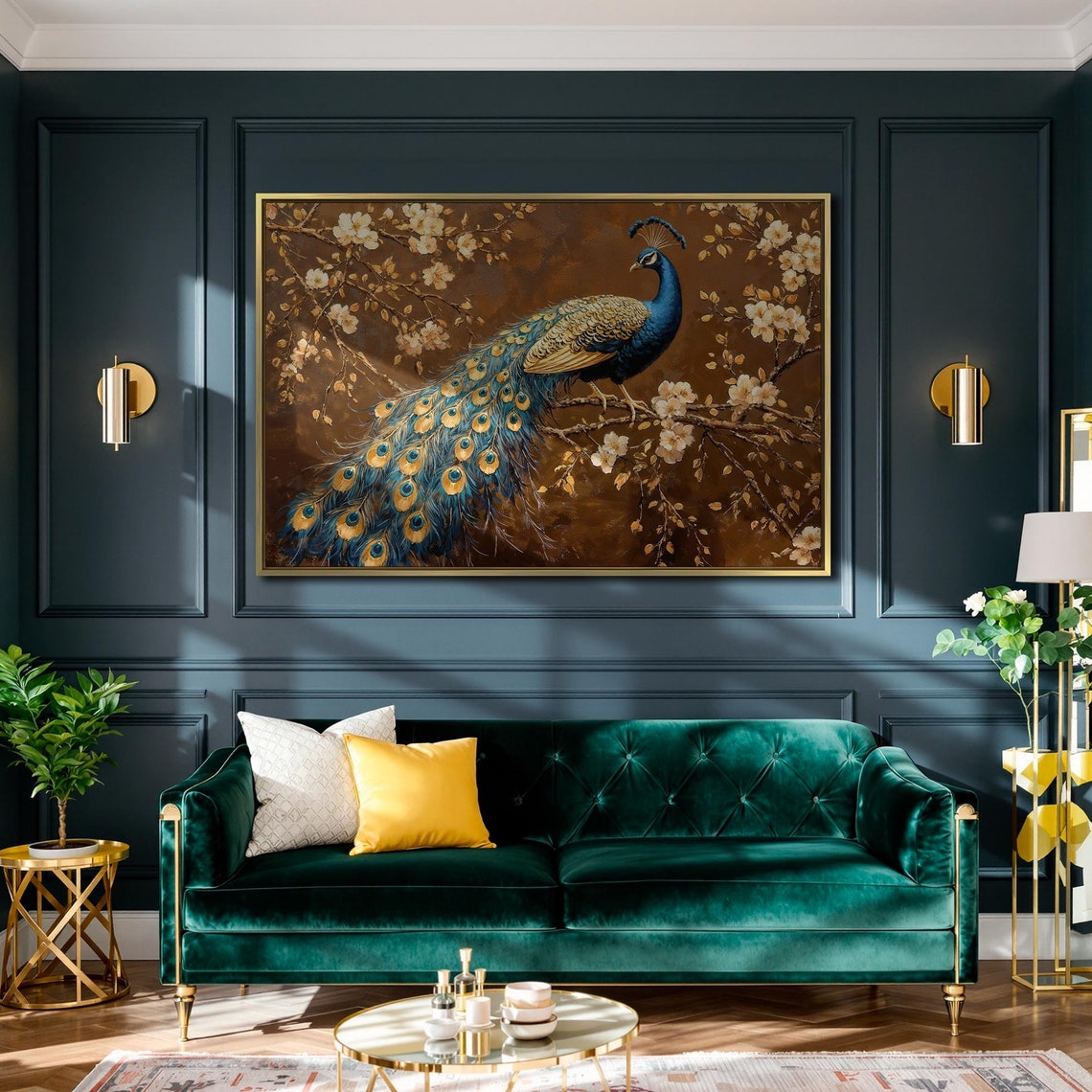 Peacock Perched Branch Cherry Blossom Copper Bird Panoramic Art Poster