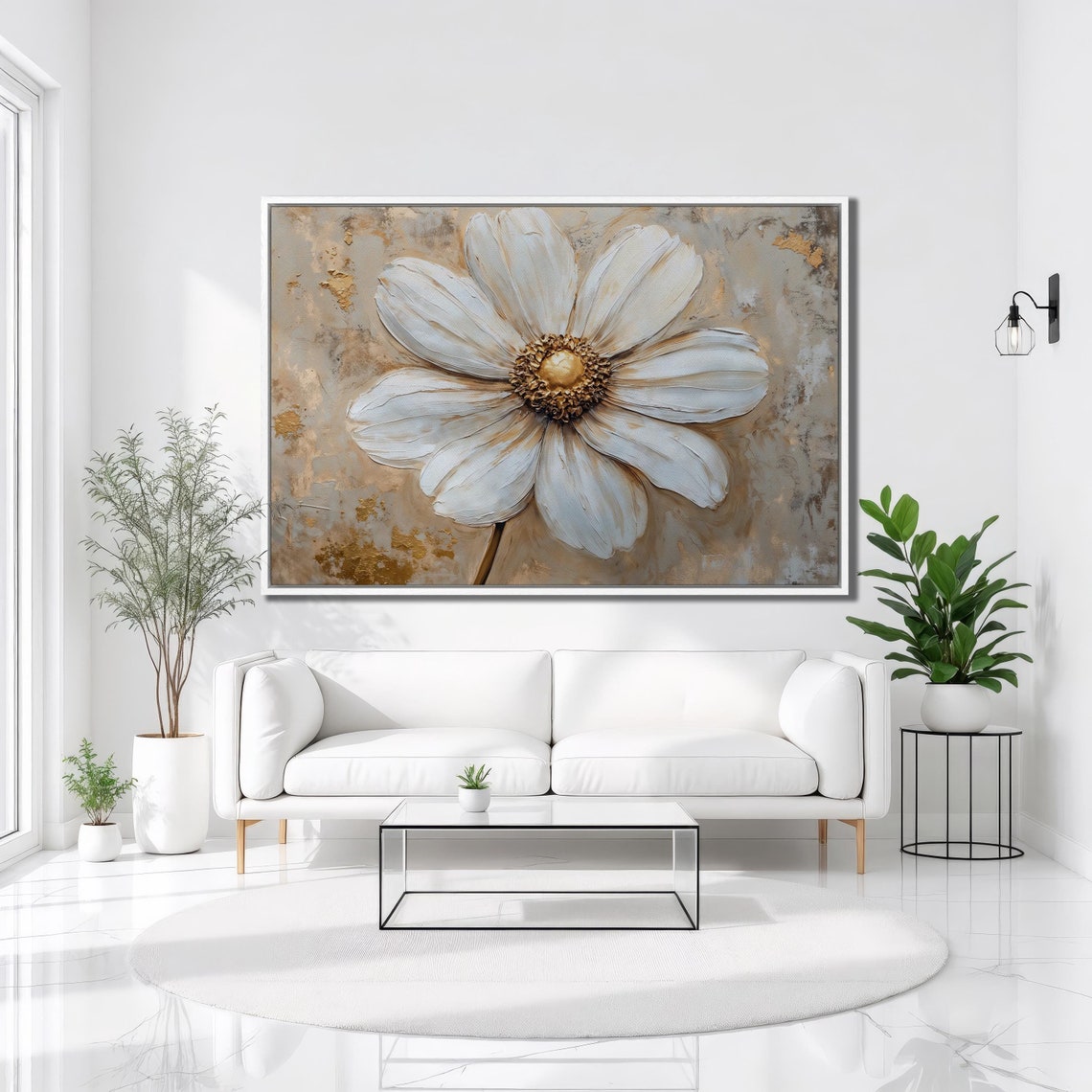 White Flower Golden Center Beige Textured Panoramic Wall Art