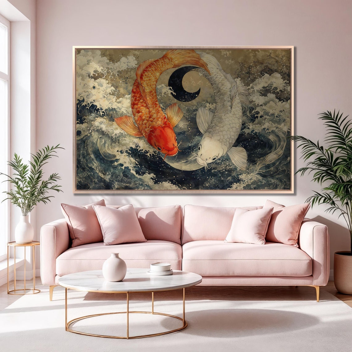 Yin Yang Koi Fish Orange And White Japanese Waves Harmony Poster