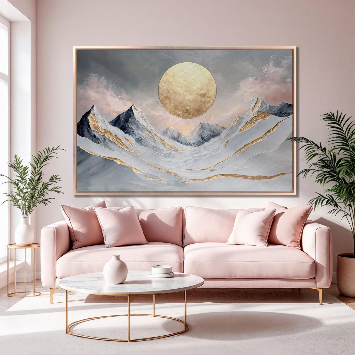 Snowy Peaks Golden Sun Pink Clouds Panoramic Luxury Landscape Poster