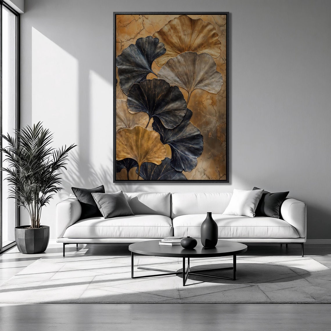 Gold And Black Ginkgo Leaves On Amber Marble Botanical Wall Art