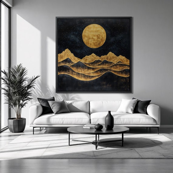 Black Gold Mountain Landscape Framed Print Golden Full Moon Luxury Art Celestial Painting Print Gothic Decor Ready To Hang