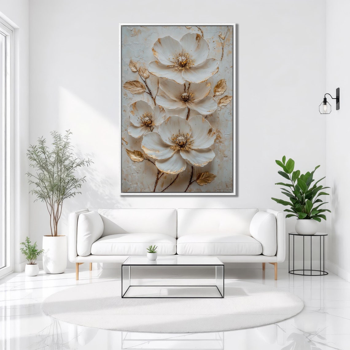 White Flowers Gold Leaves Textured Neutral Elegant Botanical Poster