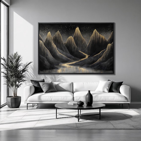 Black Mountains Gold Peaks Starry Night River Surreal Art Poster