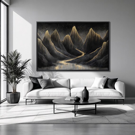 Black Mountains Golden Peaks Framed Print Starry Night Sky Luxury Art Gold River Painting Print Abstract Decor Ready To Hang
