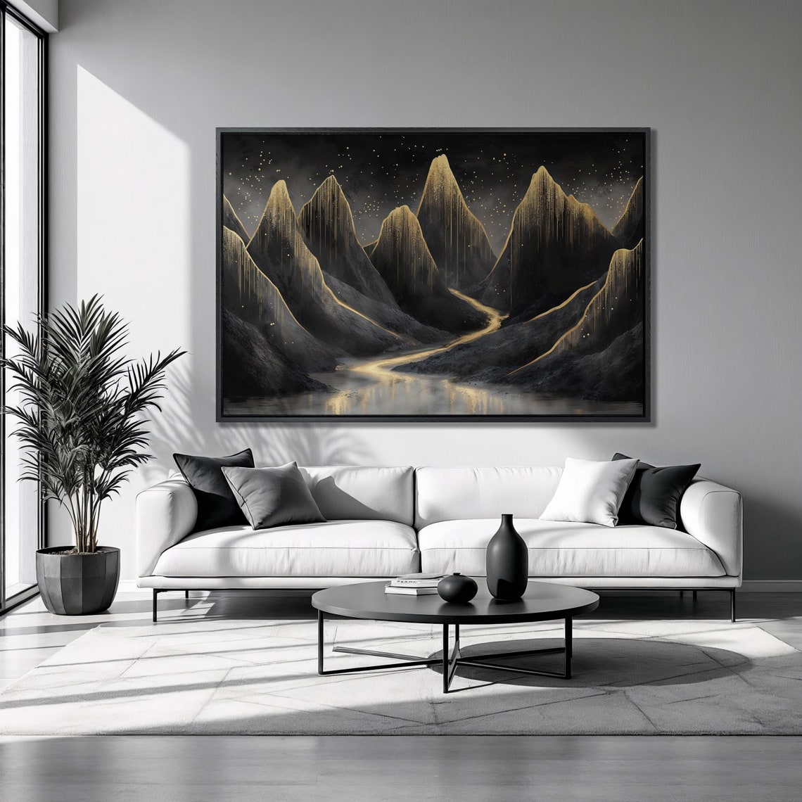 Black Mountains Gold Peaks Starry Night River Surreal Art Poster