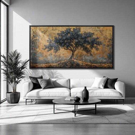 Serene Solitary Tree Framed Print Abstract Landscape Luxury Art Nature Inspired Painting Print Rustic Decor Ready To Hang