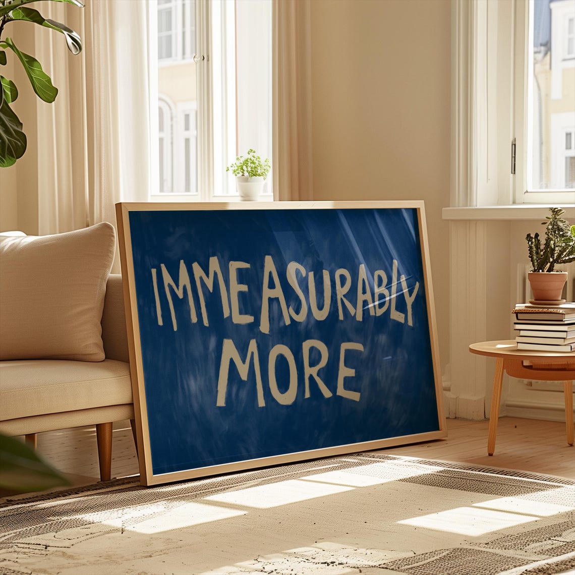 Immeasurably More Blue Handdrawn Quote Print Inspirational Wall Art Minimalist Typography Poster