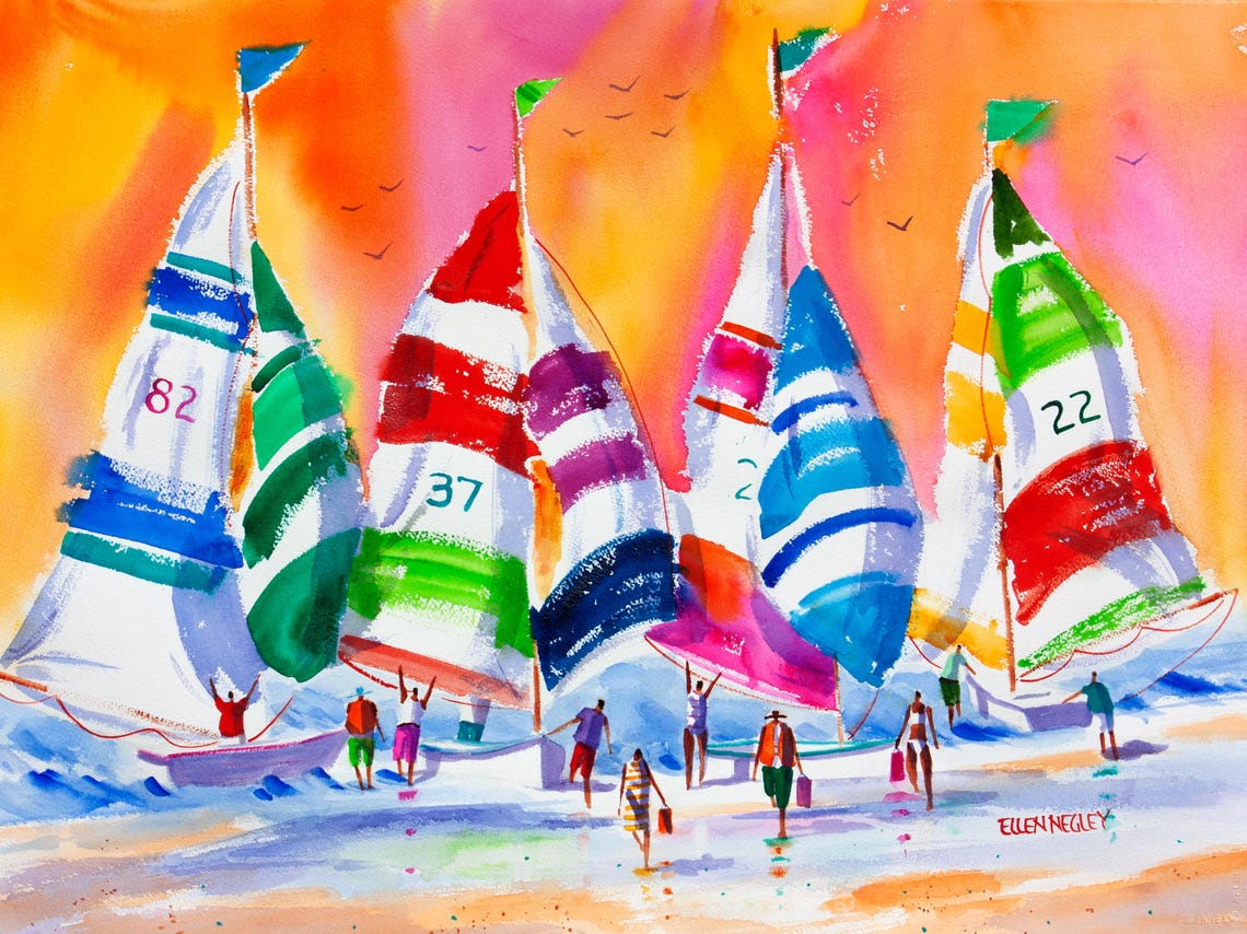 Sailboat Regatta at Sunset with Numbered Sails Watercolor Poster
