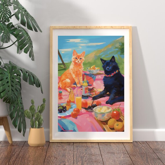 Orange and Black Cats at a Colorful Picnic With Treats Art Poster