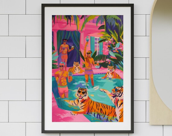 Tigers and Swimmers Splashing at a Pink Tropical Pool Party Poster