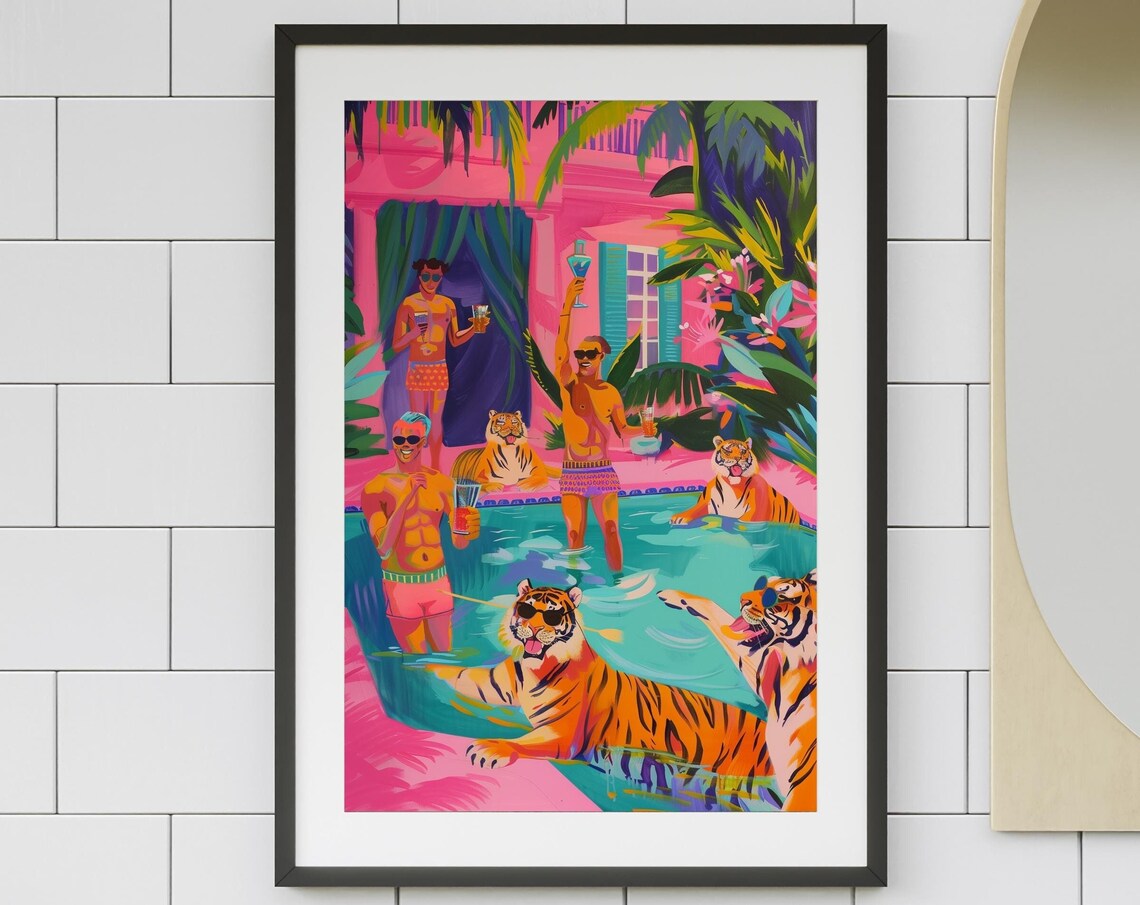 Tigers and Swimmers Splashing at a Pink Tropical Pool Party Poster
