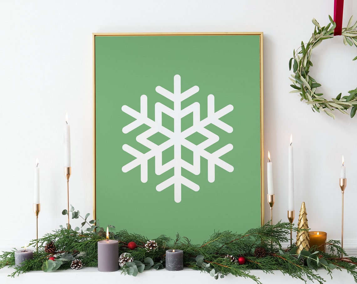 Green Snowflake Print Art Cute Christmas Decor Green Winter Holiday Wall Art