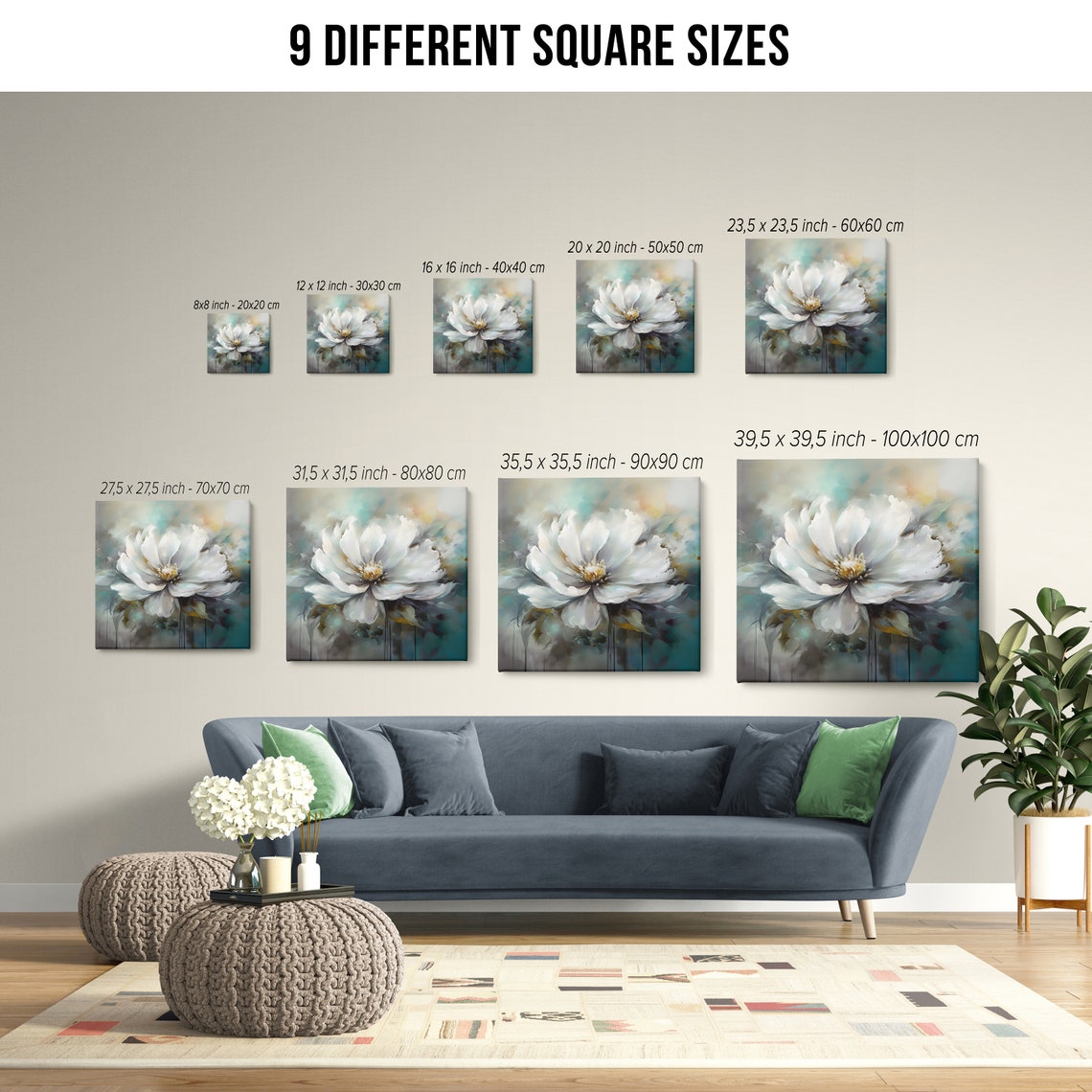 White Peony In Blue Grey Soft Impressionist Floral Painting Wall Art - Image 2