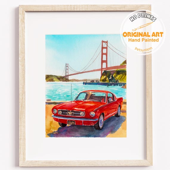 Red Vintage Ford Mustang by Golden Gate Bridge Watercolor Poster