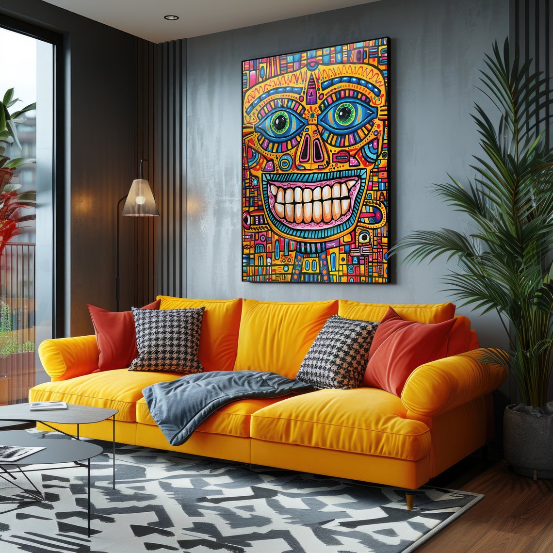 Psychedelic Tribal Shaman Mask Neon Doodle Portrait Wall Art - Image 3