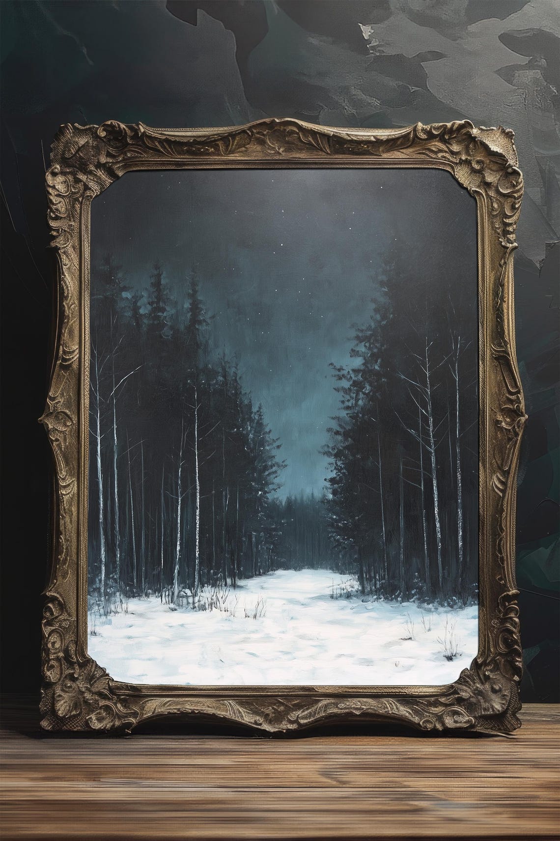 Snowy Birch Forest at Night Starlit Winter Woodland Painting Poster - Image 3
